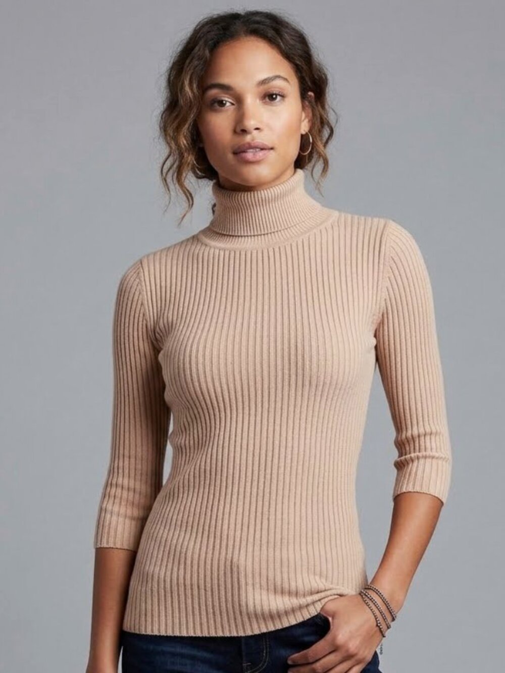 Wet Seal Beige Tan Ribbed Turtleneck Long Sleeve Shirt Soft Basic Top Size Small